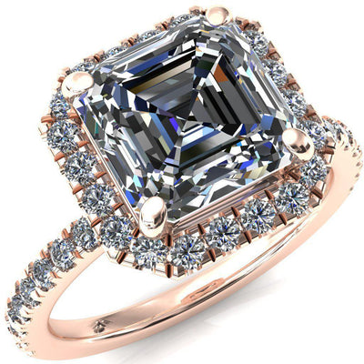 Talia Asscher Moissanite 4 Prong Halo 3/4 Micropave Ring-FIRE & BRILLIANCE