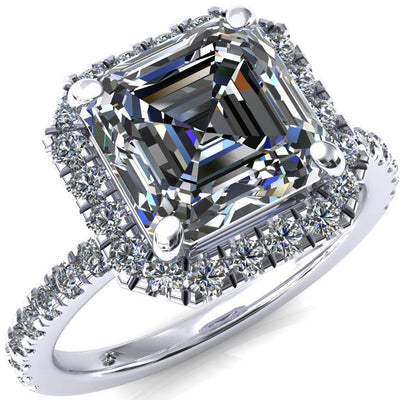 Talia Asscher Moissanite 4 Prong Halo 3/4 Micropave Ring-FIRE & BRILLIANCE