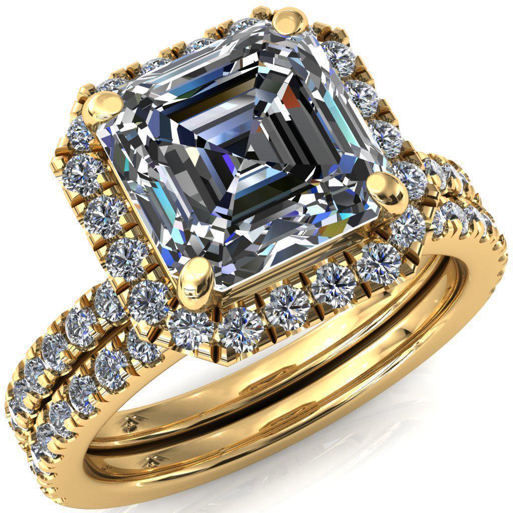 Talia Asscher Moissanite 4 Prong Halo 3/4 Micropave Ring-FIRE & BRILLIANCE