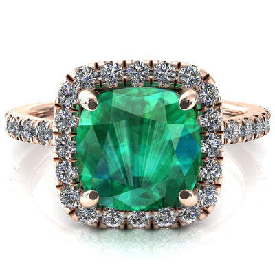 Talia Cushion Emerald 4 Prong Halo 3/4 Micropave Engagement Ring-FIRE & BRILLIANCE
