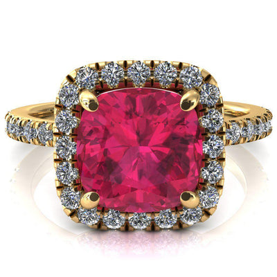 Talia Cushion Ruby 4 Prong Halo 3/4 Micropave Engagement Ring-FIRE & BRILLIANCE