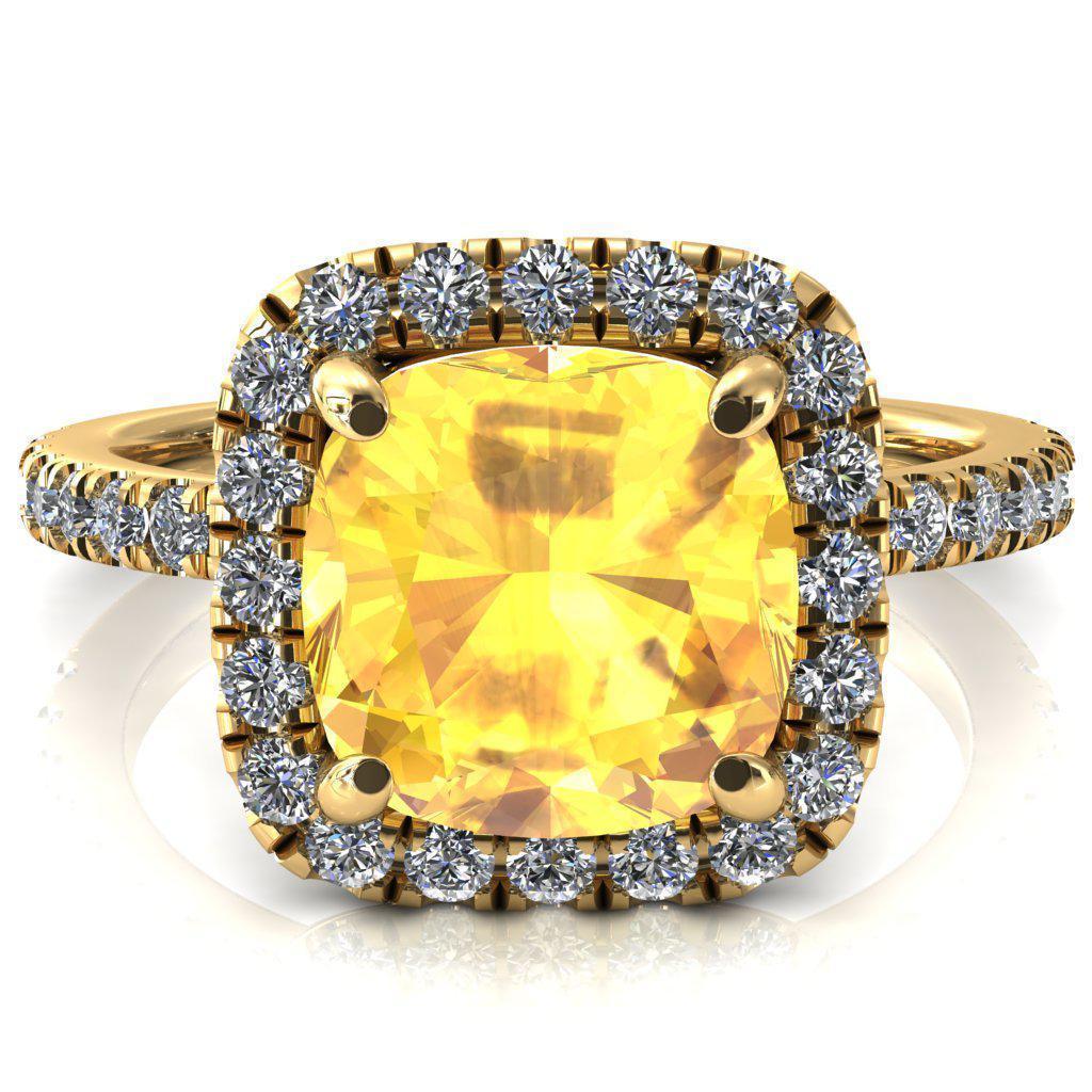 Talia Cushion Yellow Sapphire 4 Prong Halo 3/4 Micropave Engagement Ring-FIRE & BRILLIANCE