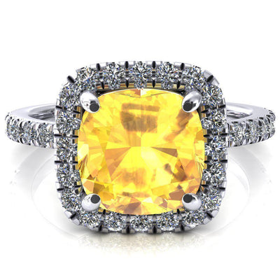 Talia Cushion Yellow Sapphire 4 Prong Halo 3/4 Micropave Engagement Ring-FIRE & BRILLIANCE