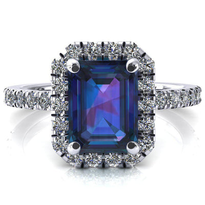 Talia Emerald Alexandrite 4 Prong Halo 3/4 Micropave Engagement Ring-FIRE & BRILLIANCE