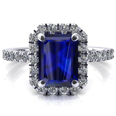 Talia Emerald Blue Sapphire 4 Prong Halo 3/4 Micropave Engagement Ring-FIRE & BRILLIANCE