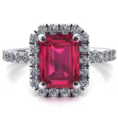 Talia Emerald Ruby 4 Prong Halo 3/4 Micropave Engagement Ring-FIRE & BRILLIANCE