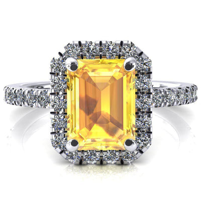 Talia Emerald Yellow Sapphire 4 Prong Halo 3/4 Micropave Engagement Ring-FIRE & BRILLIANCE