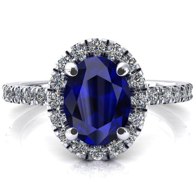 Talia Oval Blue Sapphire 4 Prong Halo 3/4 Micropave Engagement Ring-FIRE & BRILLIANCE