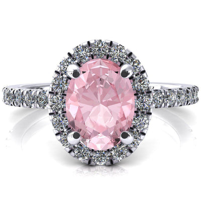 Talia Oval Pink Sapphire 4 Prong Halo 3/4 Micropave Engagement Ring-FIRE & BRILLIANCE