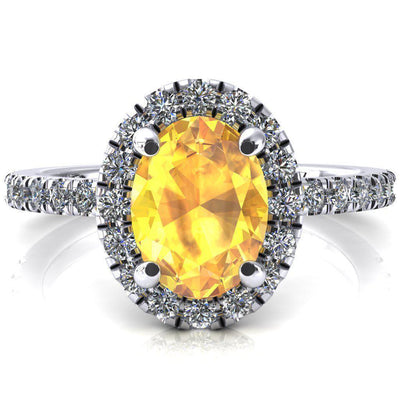 Talia Oval Yellow Sapphire 4 Prong Halo 3/4 Micropave Engagement Ring-FIRE & BRILLIANCE
