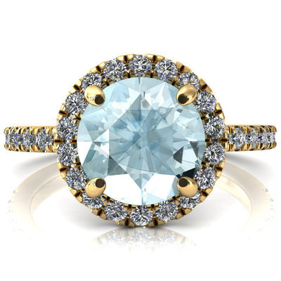 Talia Round Aqua Blue Spinel 4 Prong Halo 3/4 Micropave Engagement Ring-FIRE & BRILLIANCE