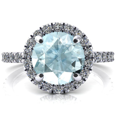 Talia Round Aqua Blue Spinel 4 Prong Halo 3/4 Micropave Engagement Ring-FIRE & BRILLIANCE