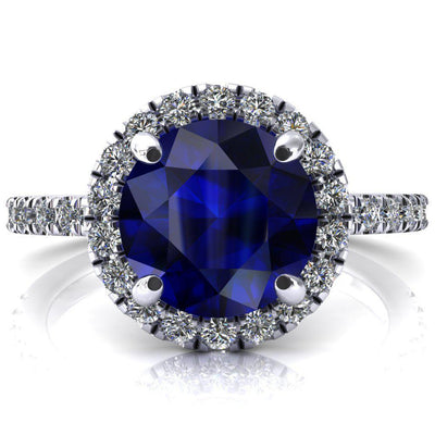 Talia Round Blue Sapphire 4 Prong Halo 3/4 Micropave Engagement Ring-FIRE & BRILLIANCE