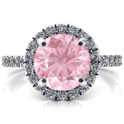 Talia Round Pink Sapphire 4 Prong Halo 3/4 Micropave Engagement Ring-FIRE & BRILLIANCE