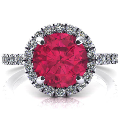 Talia Round Ruby 4 Prong Halo 3/4 Micropave Engagement Ring-FIRE & BRILLIANCE