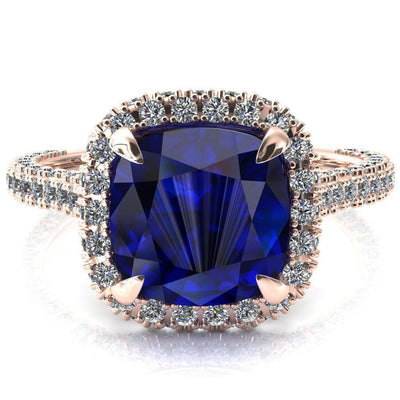 Taniya Cushion Blue Sapphire 4 Claw Prong Halo 3/4 Eternity 3 Sided Diamond Shank Cathedral Engagement Ring-FIRE & BRILLIANCE