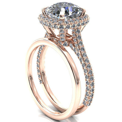 Taniya Cushion Moissanite 4 Claw Prong Halo 3/4 Eternity 3 Sided Diamond Shank Cathedral Engagement Ring-Custom-Made Jewelry-Fire & Brilliance ®