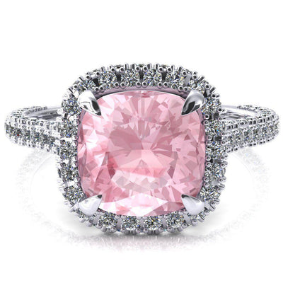Taniya Cushion Pink Sapphire 4 Claw Prong Halo 3/4 Eternity 3 Sided Diamond Shank Cathedral Engagement Ring-FIRE & BRILLIANCE