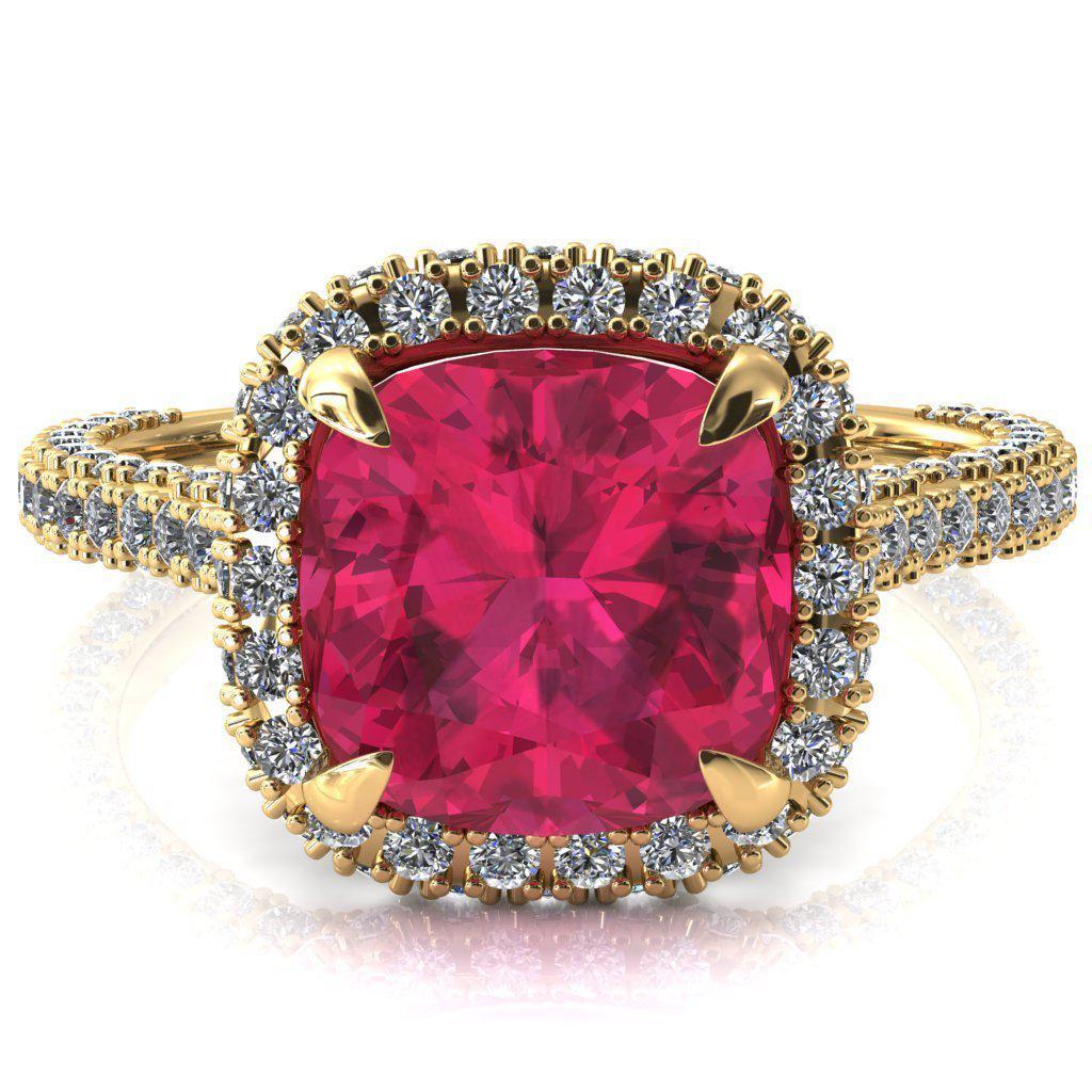 Taniya Cushion Ruby 4 Claw Prong Halo 3/4 Eternity 3 Sided Diamond Shank Cathedral Engagement Ring-FIRE & BRILLIANCE
