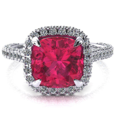 Taniya Cushion Ruby 4 Claw Prong Halo 3/4 Eternity 3 Sided Diamond Shank Cathedral Engagement Ring-FIRE & BRILLIANCE