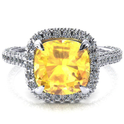 Taniya Cushion Yellow Sapphire 4 Claw Prong Halo 3/4 Eternity 3 Sided Diamond Shank Cathedral Engagement Ring-FIRE & BRILLIANCE
