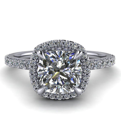 Tanzie Cushion Moissanite 4 Claw Prong Halo Diamond Sides Engagement Ring-Custom-Made Jewelry-Fire & Brilliance ®