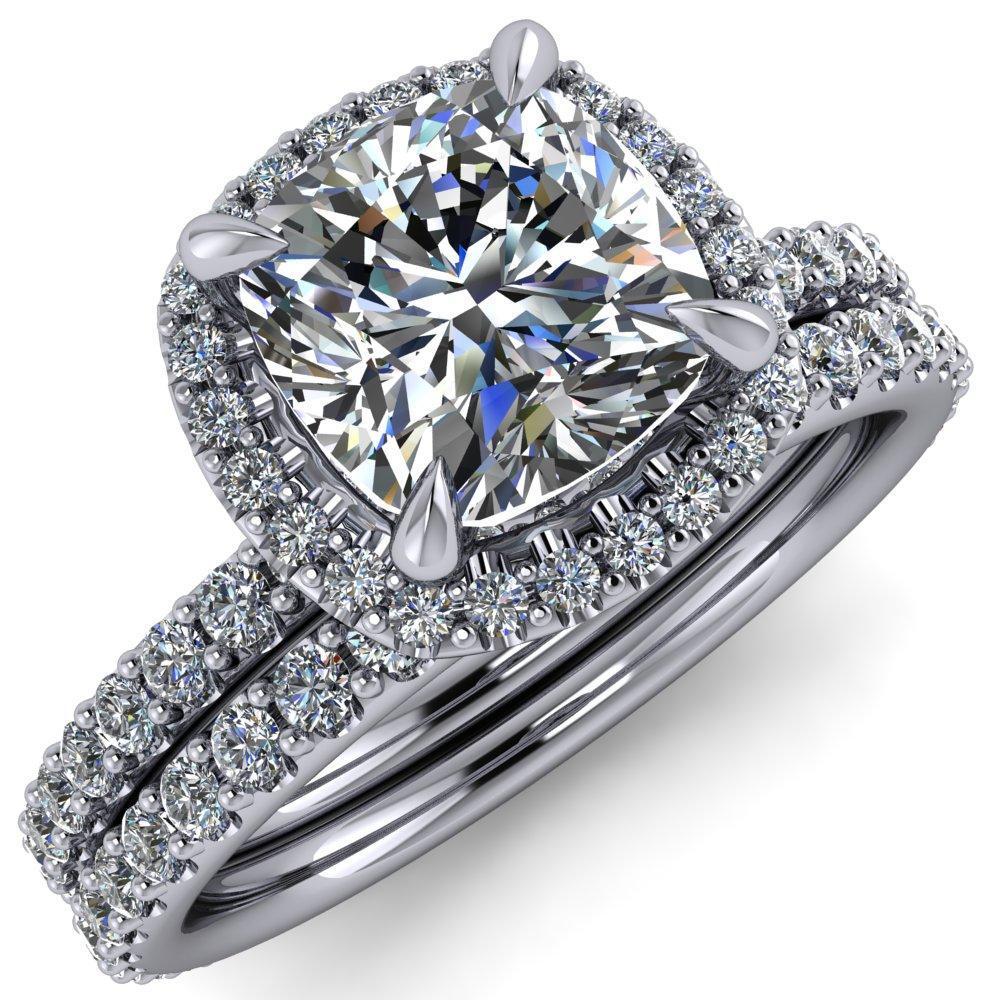 Tanzie Cushion Moissanite 4 Claw Prong Halo Diamond Sides Engagement Ring-Custom-Made Jewelry-Fire & Brilliance ®