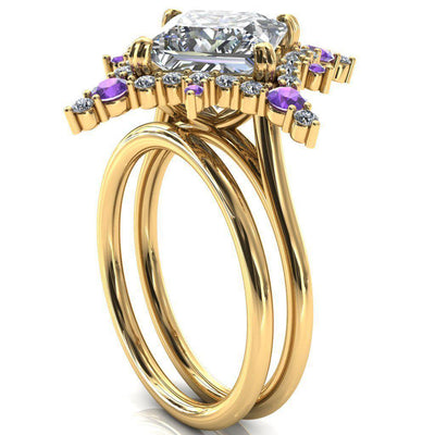 Thalim Princess/Square Moissanite 4-Point Star Amethyst and Diamond Halo Ring-Custom-Made Jewelry-Fire & Brilliance ®