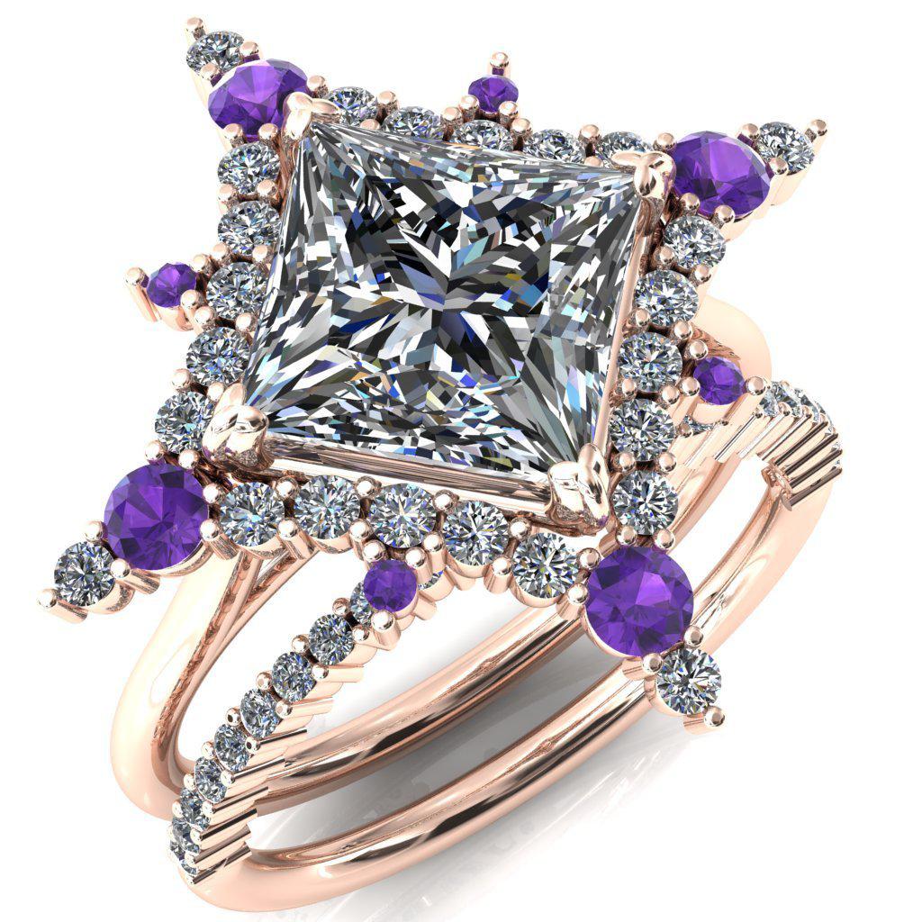 Thalim Princess/Square Moissanite 4-Point Star Amethyst and Diamond Halo Ring-Custom-Made Jewelry-Fire & Brilliance ®