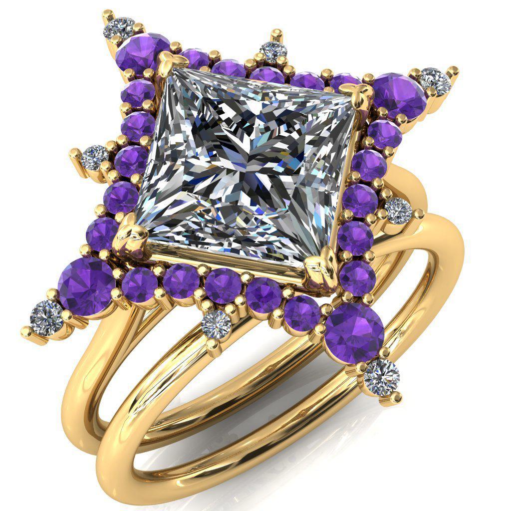 Thalim Princess/Square Moissanite 4-Point Star Amethyst and Diamond Halo Ring ver. 2-Custom-Made Jewelry-Fire & Brilliance ®