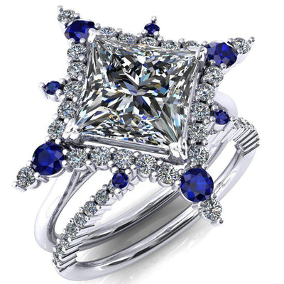 Thalim Princess/Square Moissanite 4-Point Star Blue Sapphire and Diamond Halo Ring-Custom-Made Jewelry-Fire & Brilliance ®