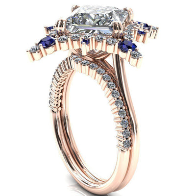 Thalim Princess/Square Moissanite 4-Point Star Blue Sapphire and Diamond Halo Ring-Custom-Made Jewelry-Fire & Brilliance ®