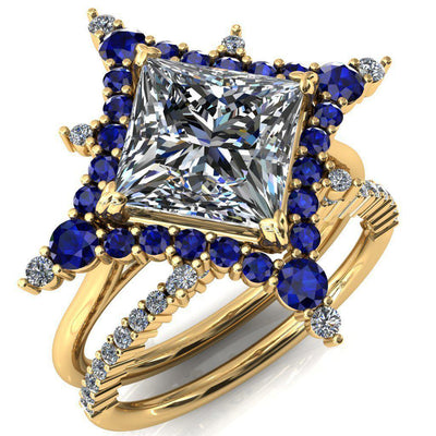 Thalim Princess/Square Moissanite 4-Point Star Blue Sapphire and Diamond Halo Ring ver. 2-Custom-Made Jewelry-Fire & Brilliance ®