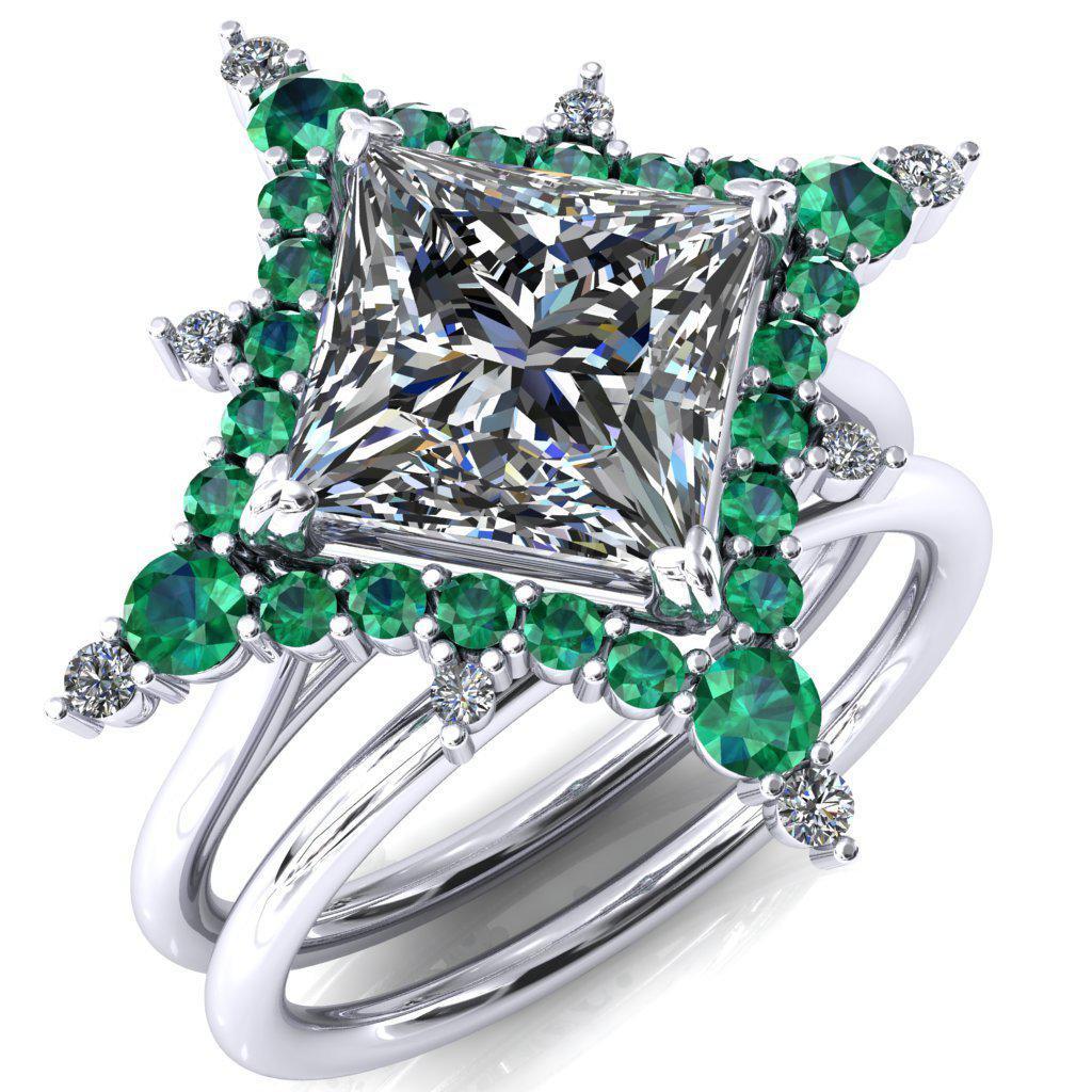 Thalim Princess/Square Moissanite 4-Point Star Emerald and Diamond Halo Ring ver. 2-Custom-Made Jewelry-Fire & Brilliance ®