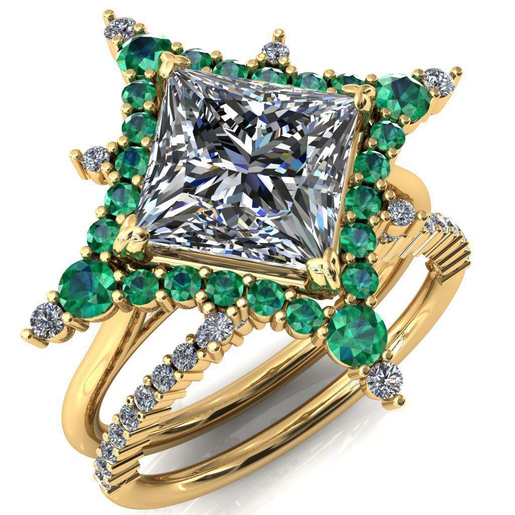 Thalim Princess/Square Moissanite 4-Point Star Emerald and Diamond Halo Ring ver. 2-Custom-Made Jewelry-Fire & Brilliance ®