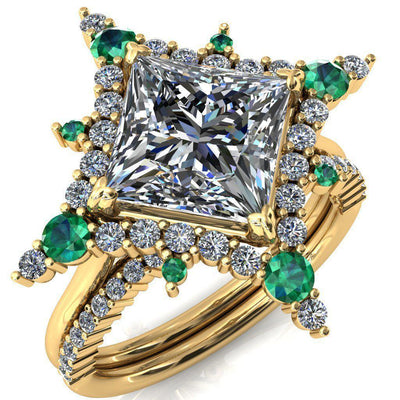 Thalim Princess/Square Moissanite 4-Point Star Emerald and Diamond Halo Ring-Custom-Made Jewelry-Fire & Brilliance ®