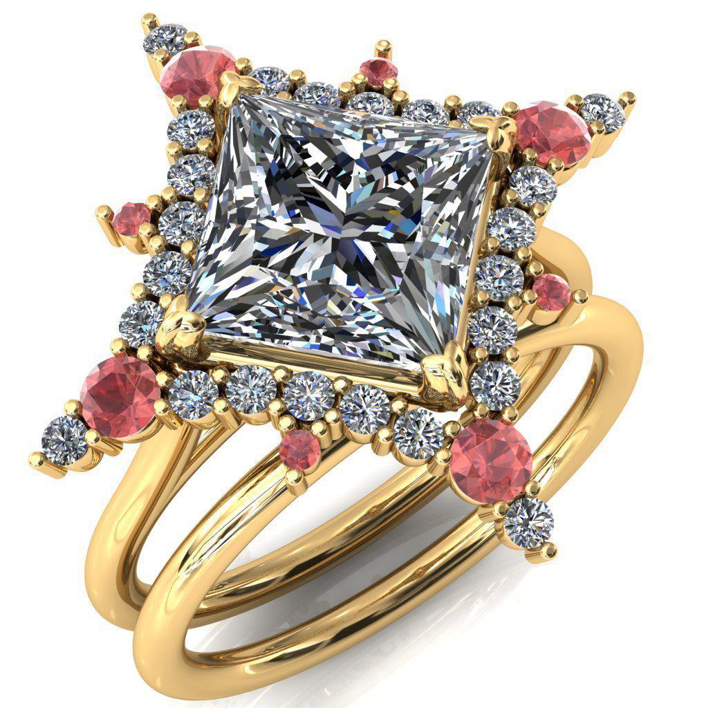Thalim Princess/Square Moissanite 4-Point Star Padparadscha Sapphire and Diamond Halo Ring-Custom-Made Jewelry-Fire & Brilliance ®