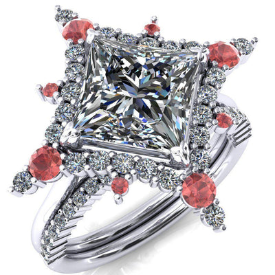 Thalim Princess/Square Moissanite 4-Point Star Padparadscha Sapphire and Diamond Halo Ring-Custom-Made Jewelry-Fire & Brilliance ®