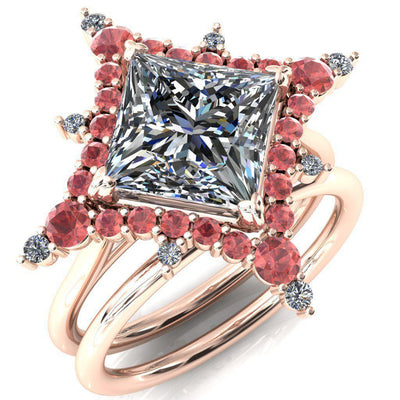 Thalim Princess/Square Moissanite 4-Point Star Padparadscha Sapphire and Diamond Halo Ring ver. 2-Custom-Made Jewelry-Fire & Brilliance ®