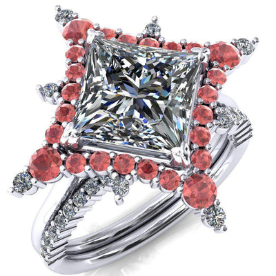 Thalim Princess/Square Moissanite 4-Point Star Padparadscha Sapphire and Diamond Halo Ring ver. 2-Custom-Made Jewelry-Fire & Brilliance ®