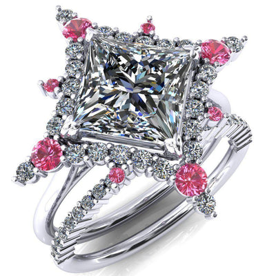 Thalim Princess/Square Moissanite 4-Point Star Pink Sapphire and Diamond Halo Ring-Custom-Made Jewelry-Fire & Brilliance ®