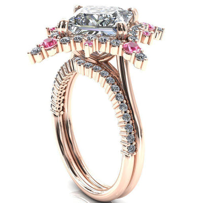 Thalim Princess/Square Moissanite 4-Point Star Pink Sapphire and Diamond Halo Ring-Custom-Made Jewelry-Fire & Brilliance ®