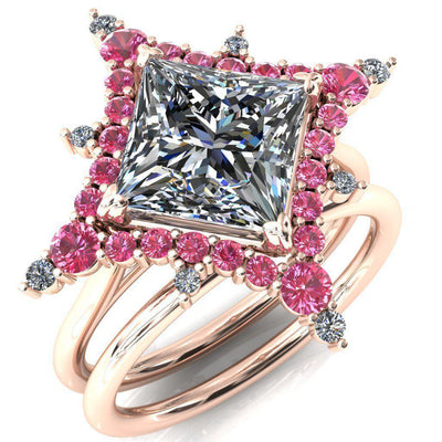 Thalim Princess/Square Moissanite 4-Point Star Pink Sapphire and Diamond Halo Ring ver. 2-Custom-Made Jewelry-Fire & Brilliance ®