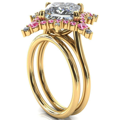 Thalim Princess/Square Moissanite 4-Point Star Pink Sapphire and Diamond Halo Ring ver. 2-Custom-Made Jewelry-Fire & Brilliance ®