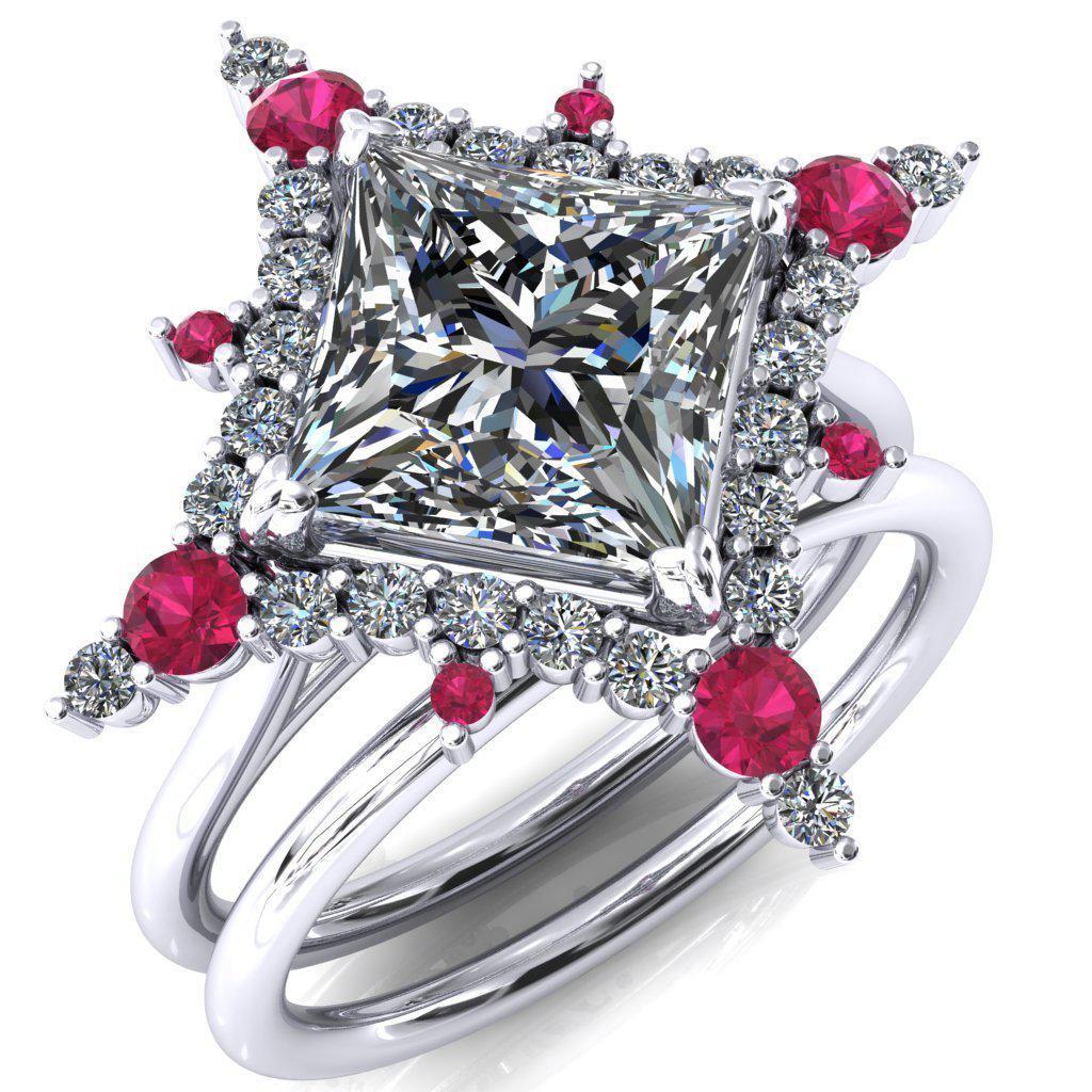 Thalim Princess/Square Moissanite 4-Point Star Ruby and Diamond Halo Ring-Custom-Made Jewelry-Fire & Brilliance ®