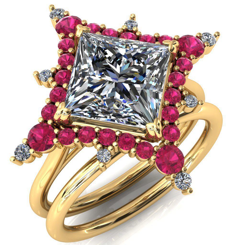 Thalim Princess/Square Moissanite 4-Point Star Ruby and Diamond Halo Ring ver. 2-Custom-Made Jewelry-Fire & Brilliance ®