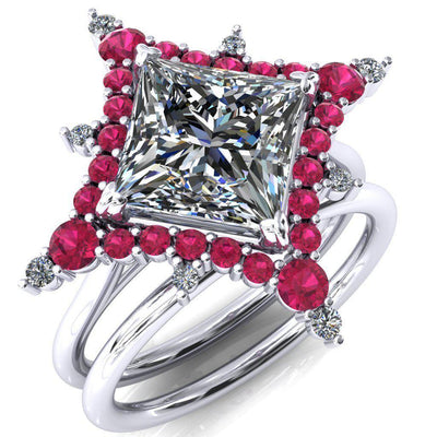 Thalim Princess/Square Moissanite 4-Point Star Ruby and Diamond Halo Ring ver. 2-Custom-Made Jewelry-Fire & Brilliance ®