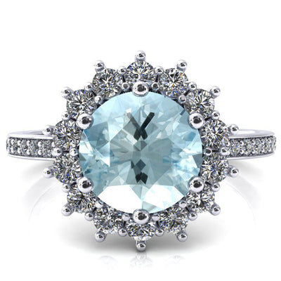 The Duchess Round Aqua Blue Spinel 6 Prong Diamond Cluster Halo Ring-FIRE & BRILLIANCE