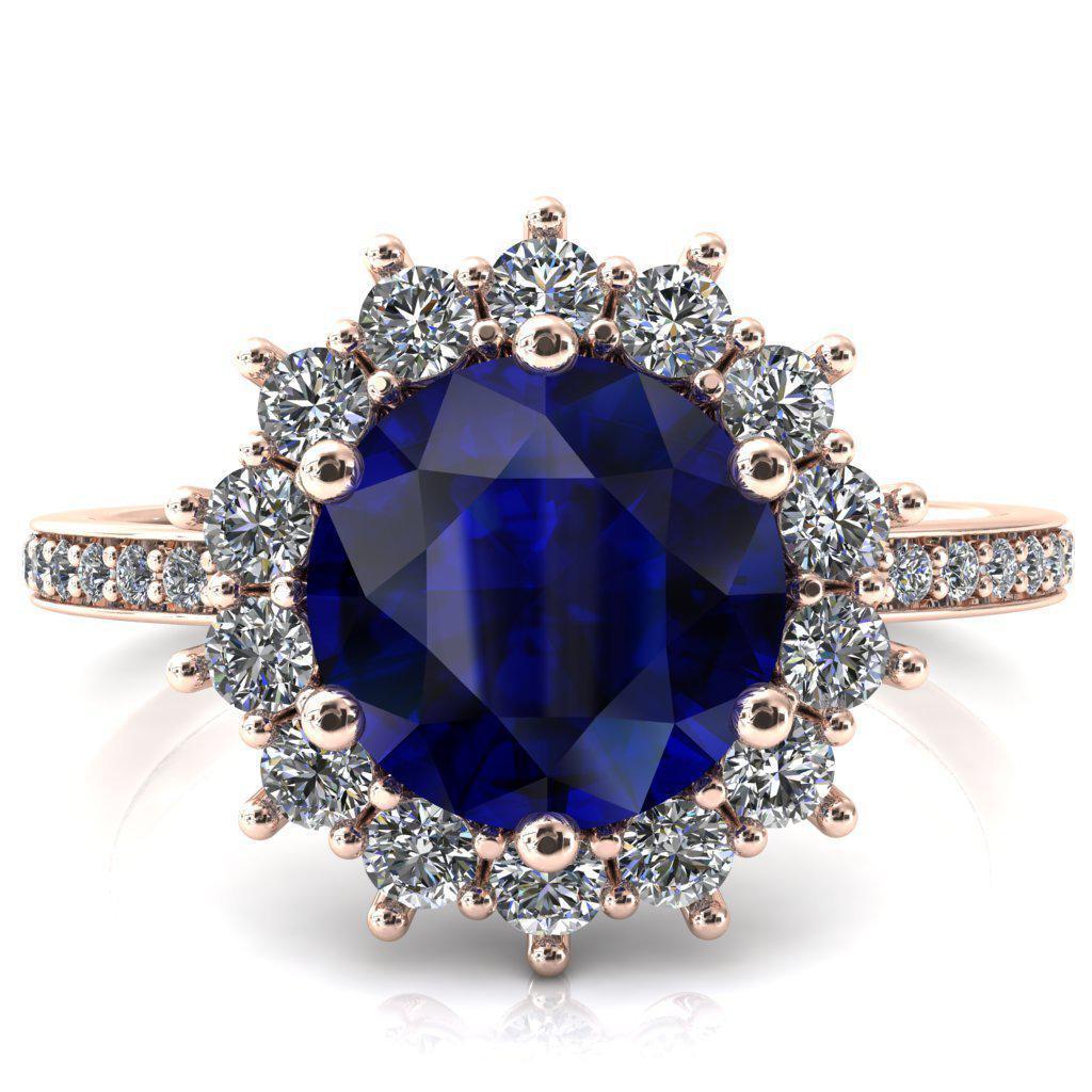 The Duchess Round Blue Sapphire 6 Prong Diamond Cluster Halo Ring-FIRE & BRILLIANCE
