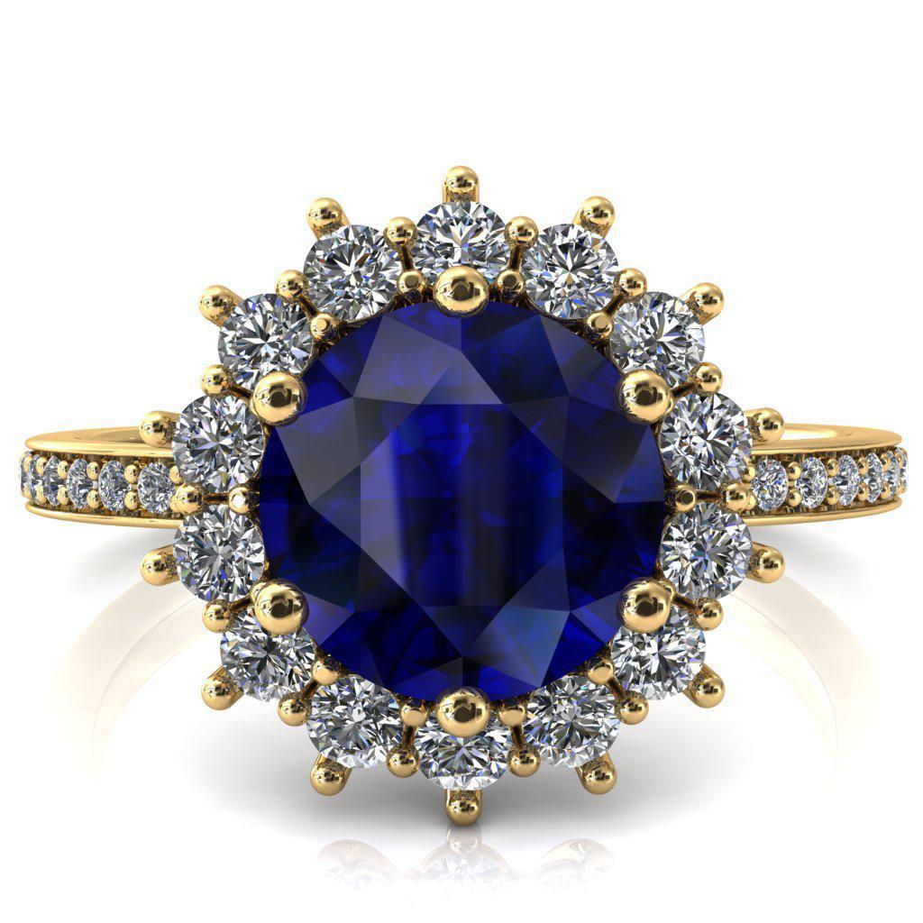 The Duchess Round Blue Sapphire 6 Prong Diamond Cluster Halo Ring-FIRE & BRILLIANCE